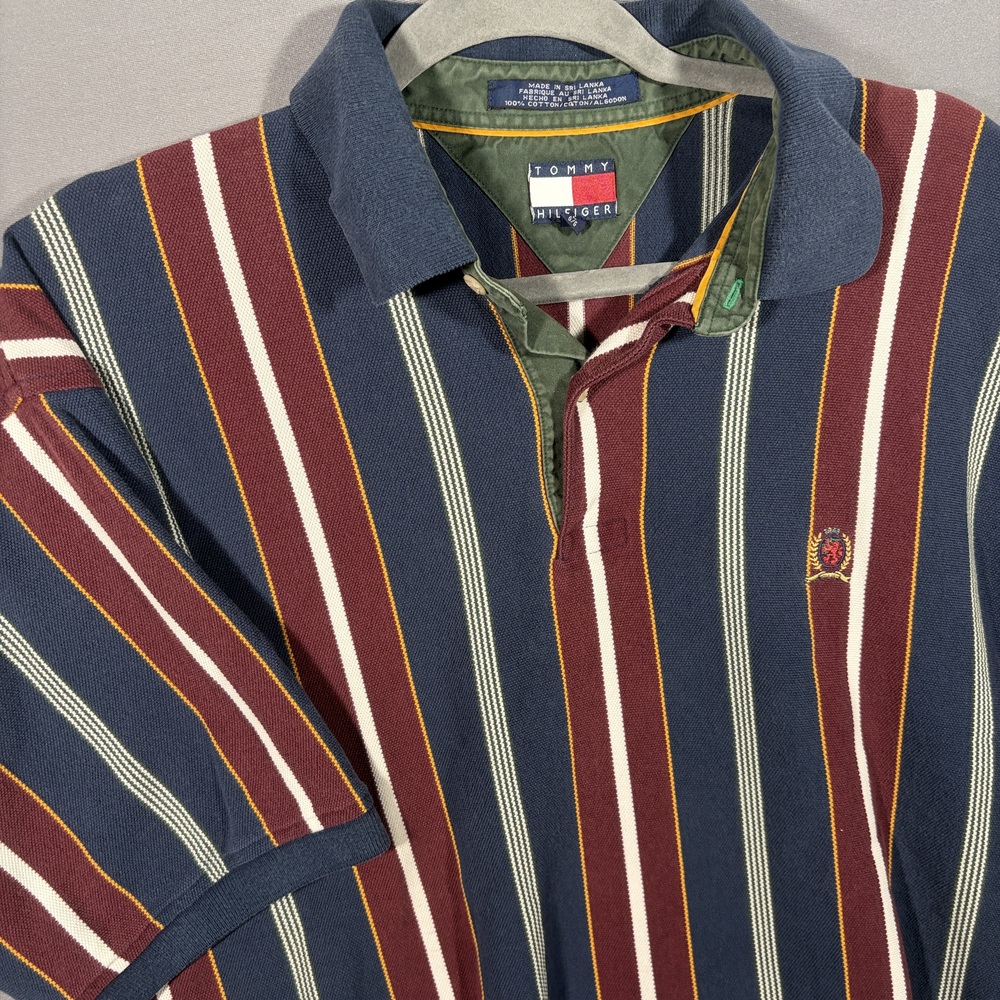 Tommy Hilfiger Polo Shirt Striped Crest Y2K Preppy Men’s XL Multi Color